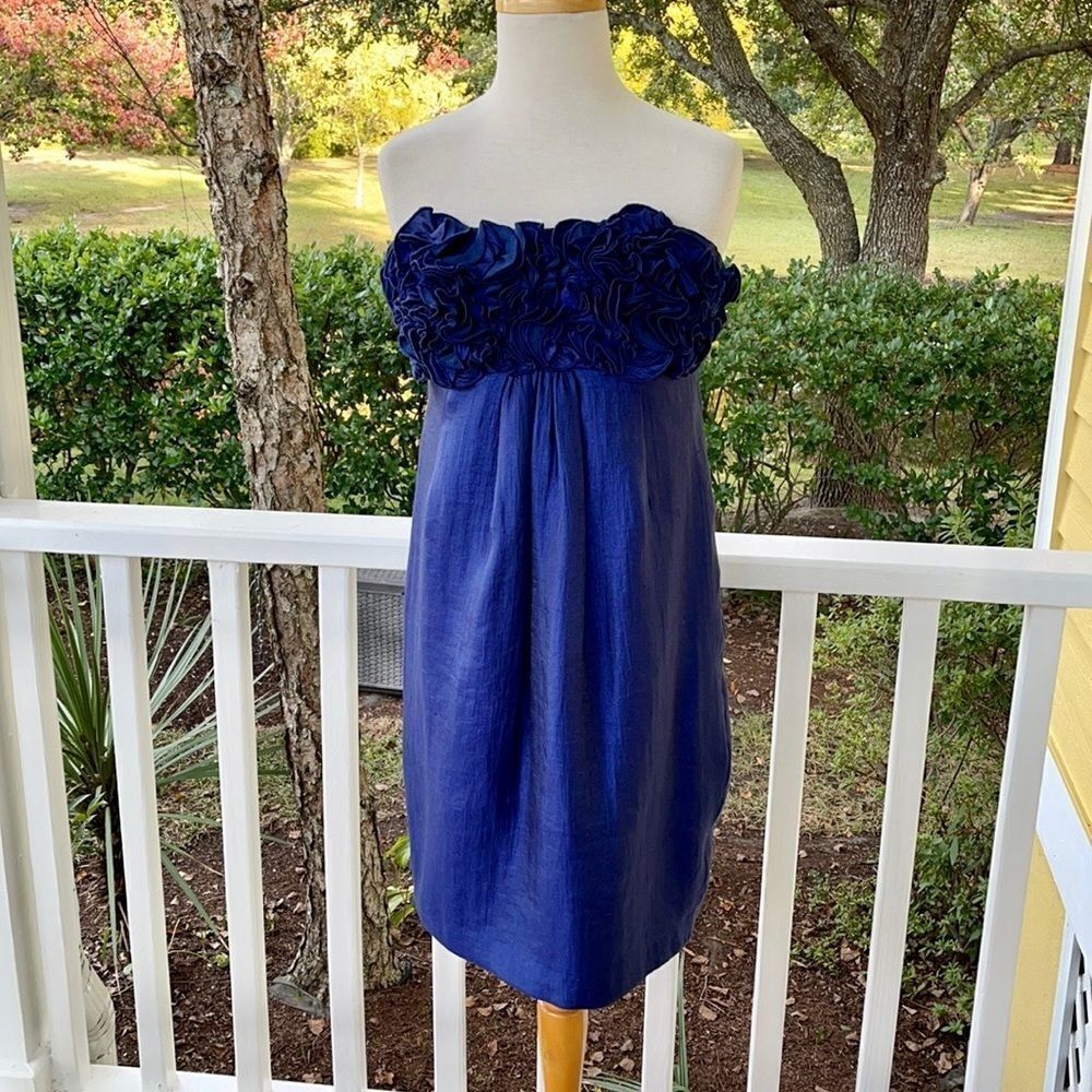 Alexia Admor Blue Satin Flower Ruffled Strapless Dress